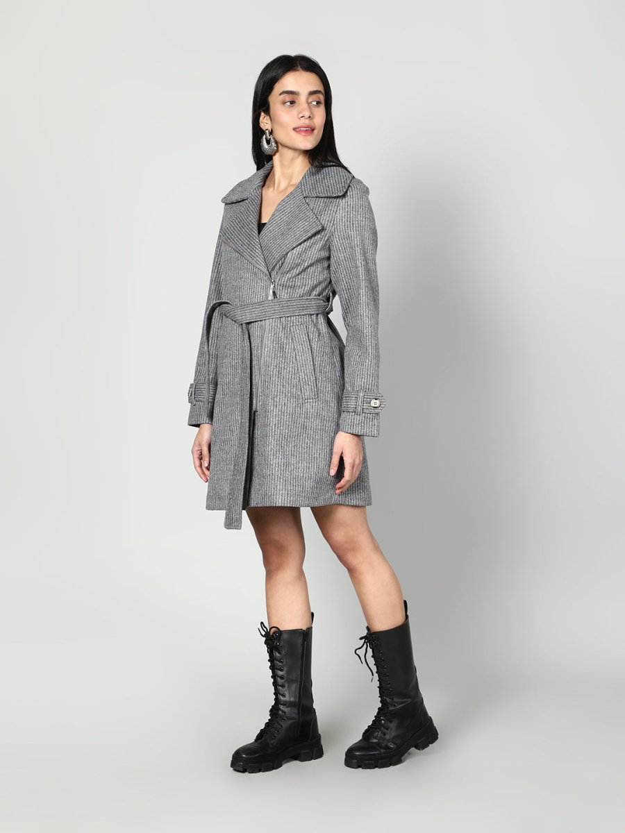 Gaiia Single Breasted Self Striped Zipper Coat - Grey - GAIIA